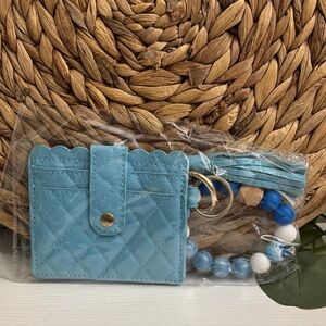 🆕 Quilted Blue Card Holder with Beaded Keychain